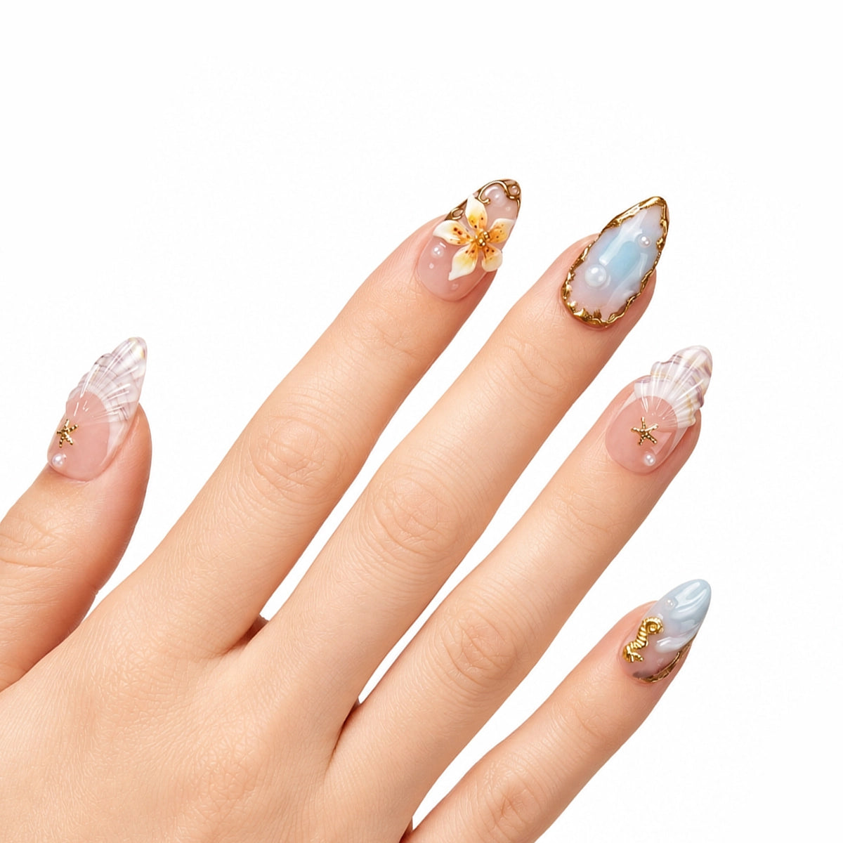 Dreamy Ocean Sunset Seahorse & Shell Press On Nails | 10PCS