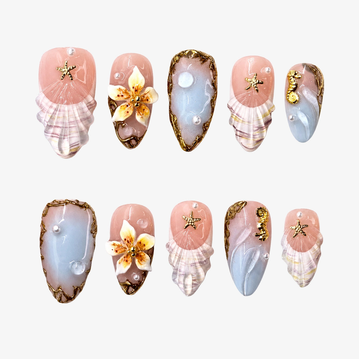 Dreamy Ocean Sunset Seahorse & Shell Press On Nails | 10PCS