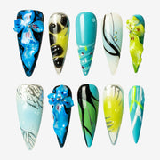 Blue Tropical Floral Stiletto Press-On Nails