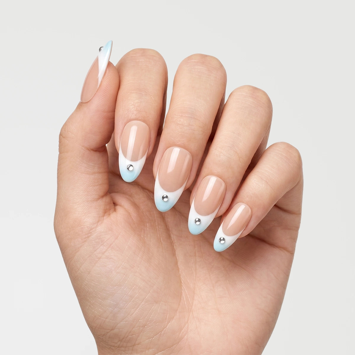 Elegant Baby Blue French & Rhinestone Almond Press On Nails | 10PCS