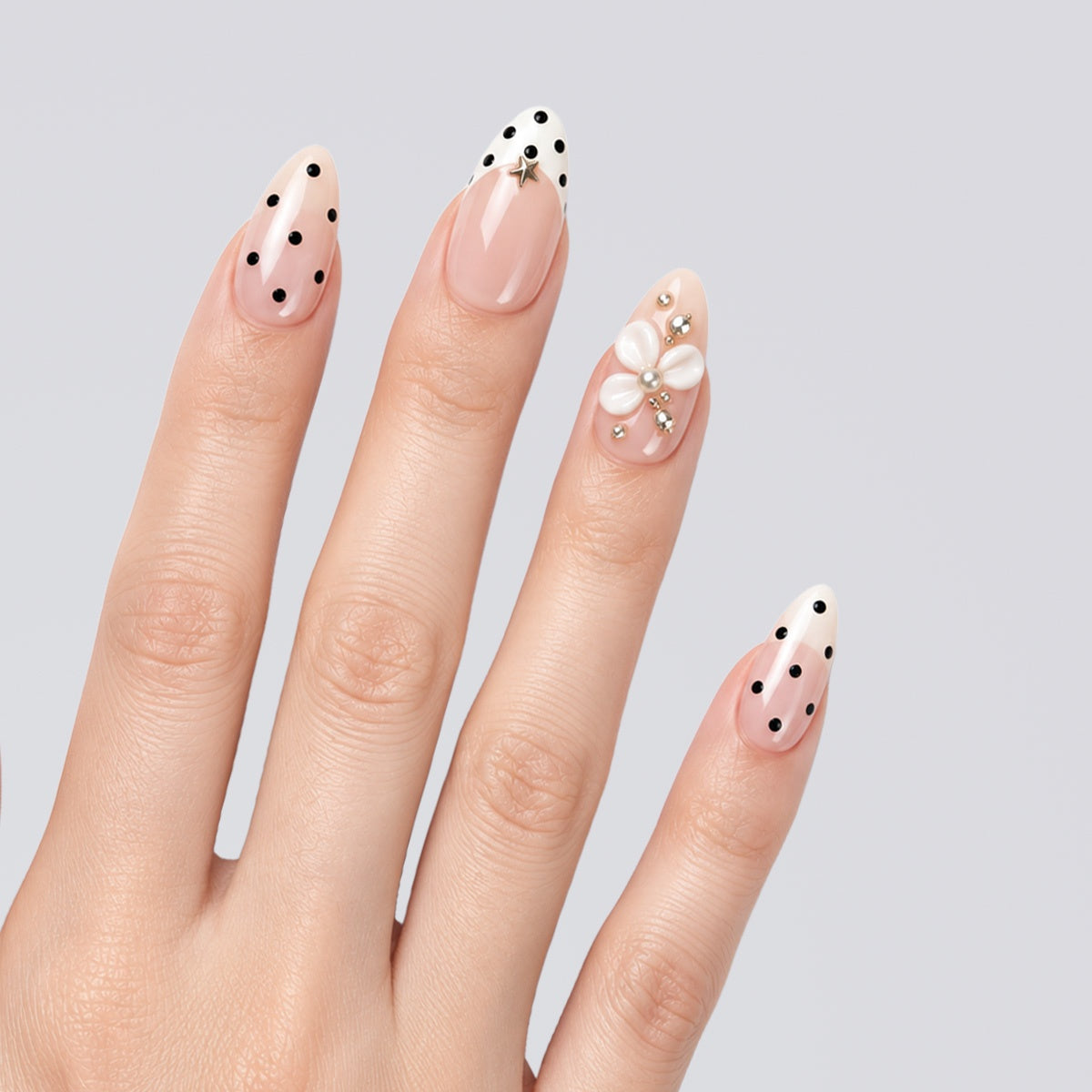 Blush Polka Pearl Blossom Almond Press On Nails | Salon-Pro 10PCS