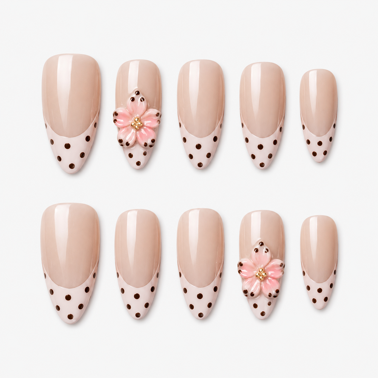 Retro Polka Dot French Floral Press On Nails | 10PCS