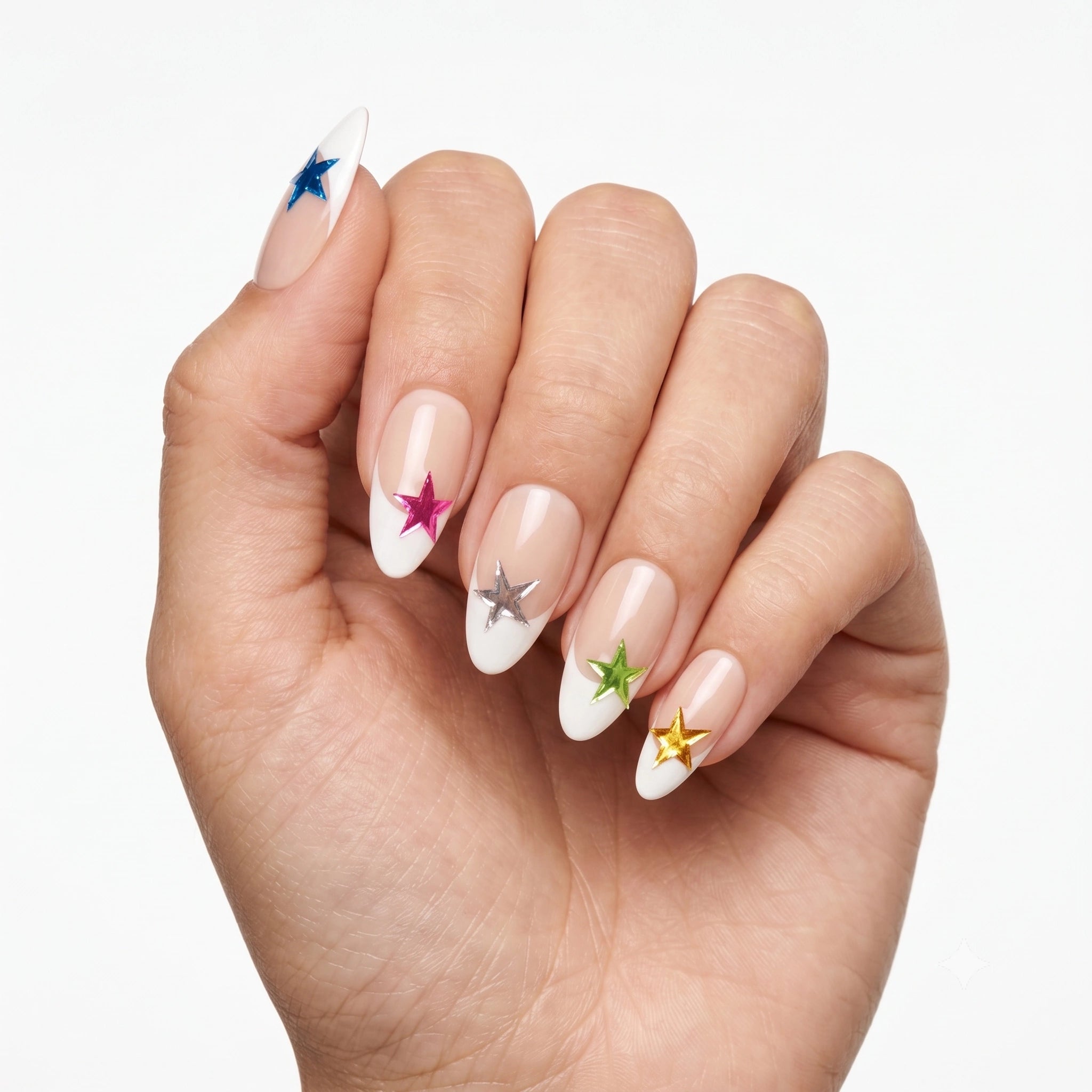 Holographic Star & White French Tip Press On Nails | 10PCS