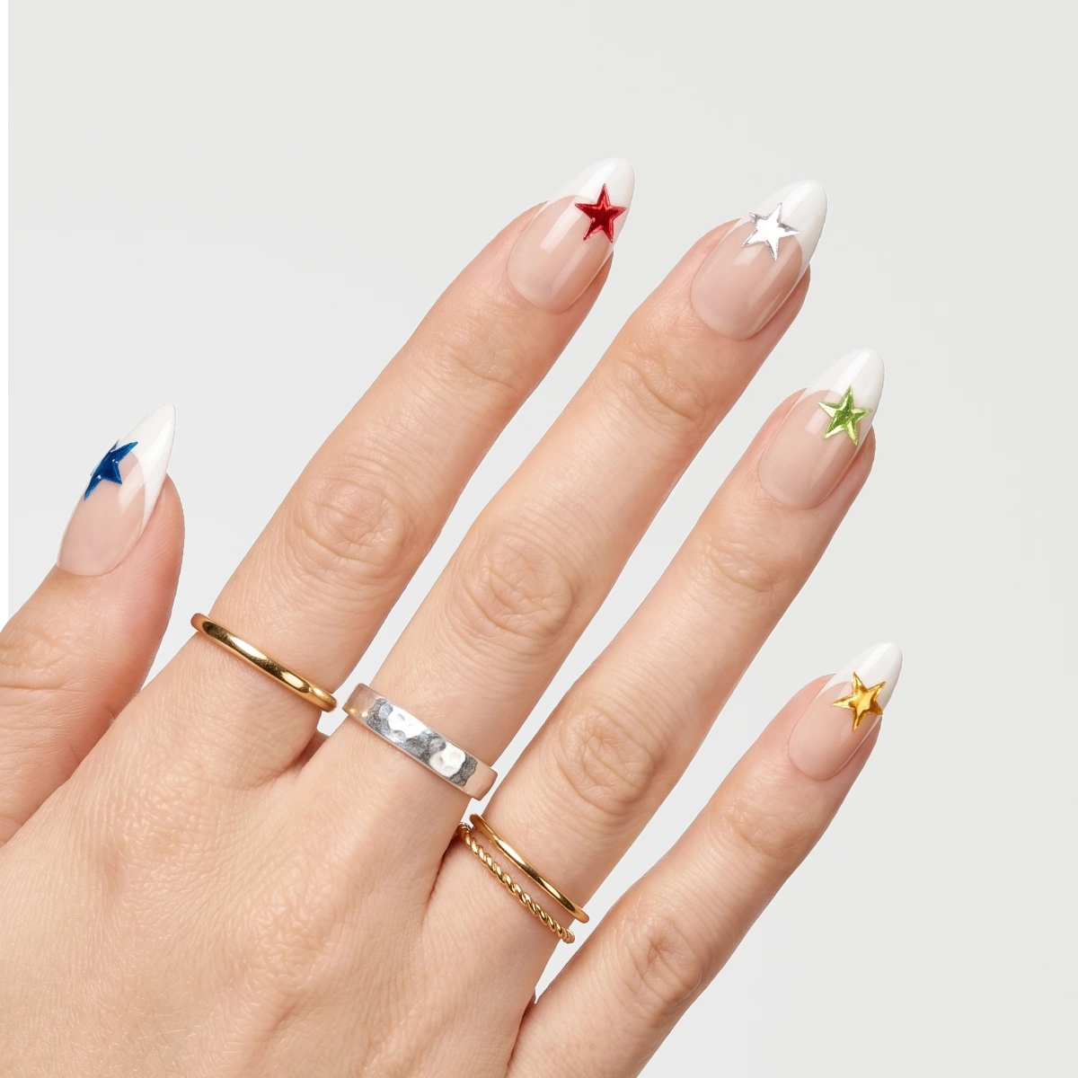 Holographic Star & White French Tip Press On Nails | 10PCS