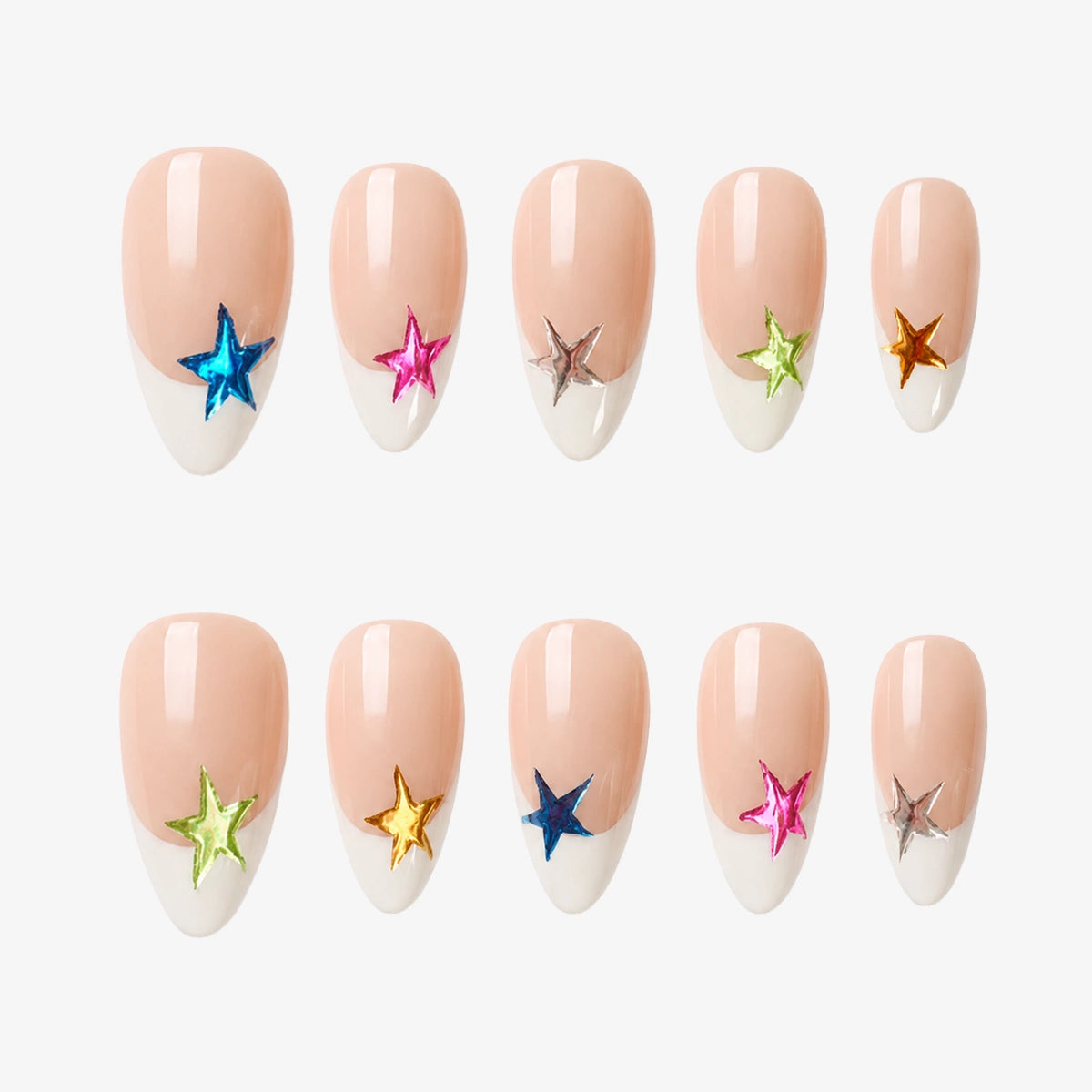 Holographic Star & White French Tip Press On Nails | 10PCS