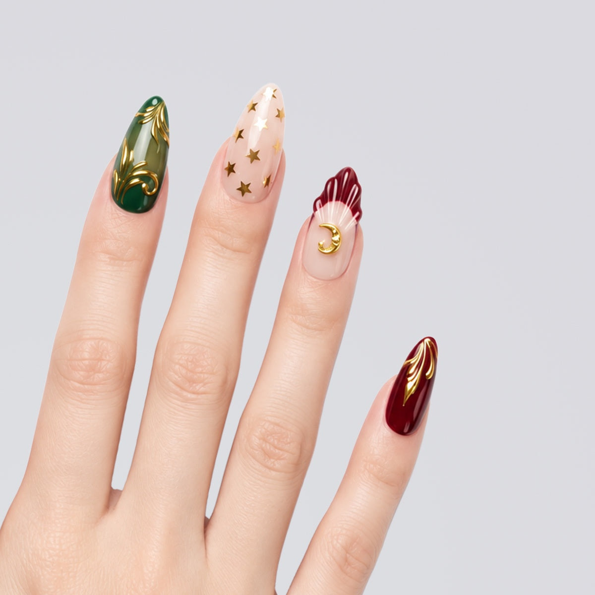 Burgundy Emerald Celestial Almond Press On Nails | Salon-Pro 10PCS