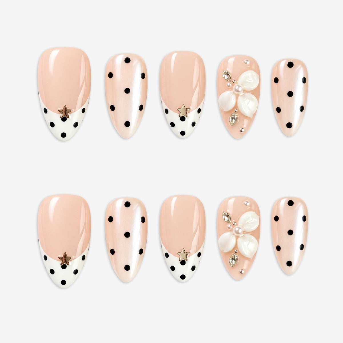 Blush Polka Pearl Blossom Almond Press On Nails | Salon-Pro 10PCS