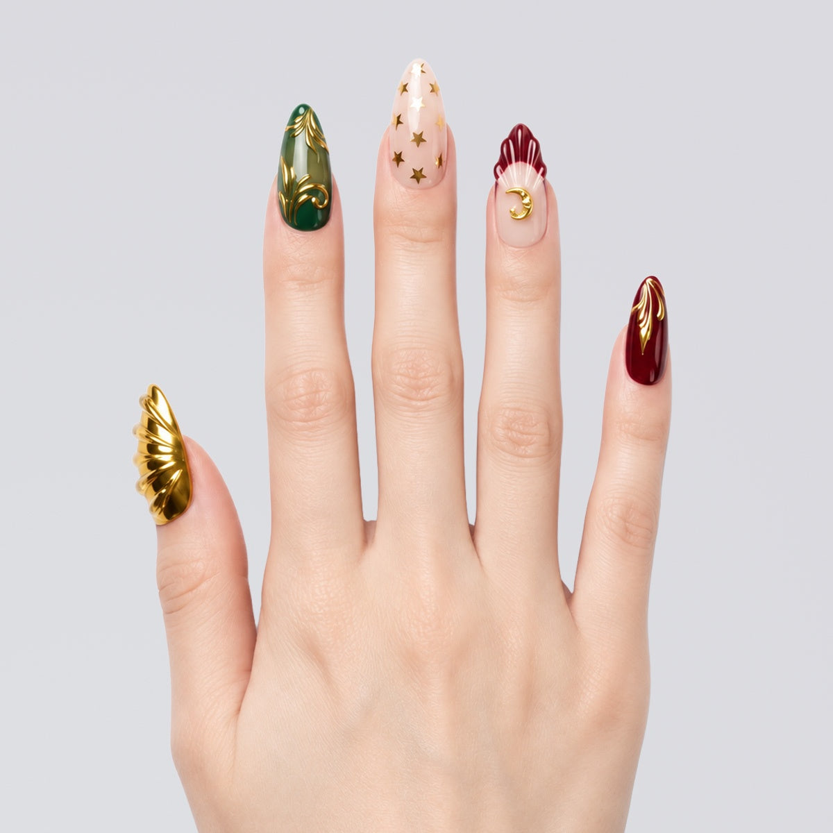 Burgundy Emerald Celestial Almond Press On Nails | Salon-Pro 10PCS