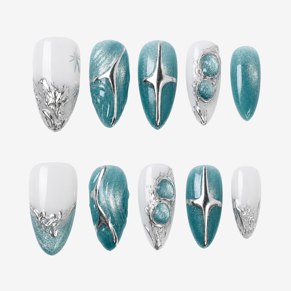 Cool Teal Metallic Star Press On Nails | 10PCS