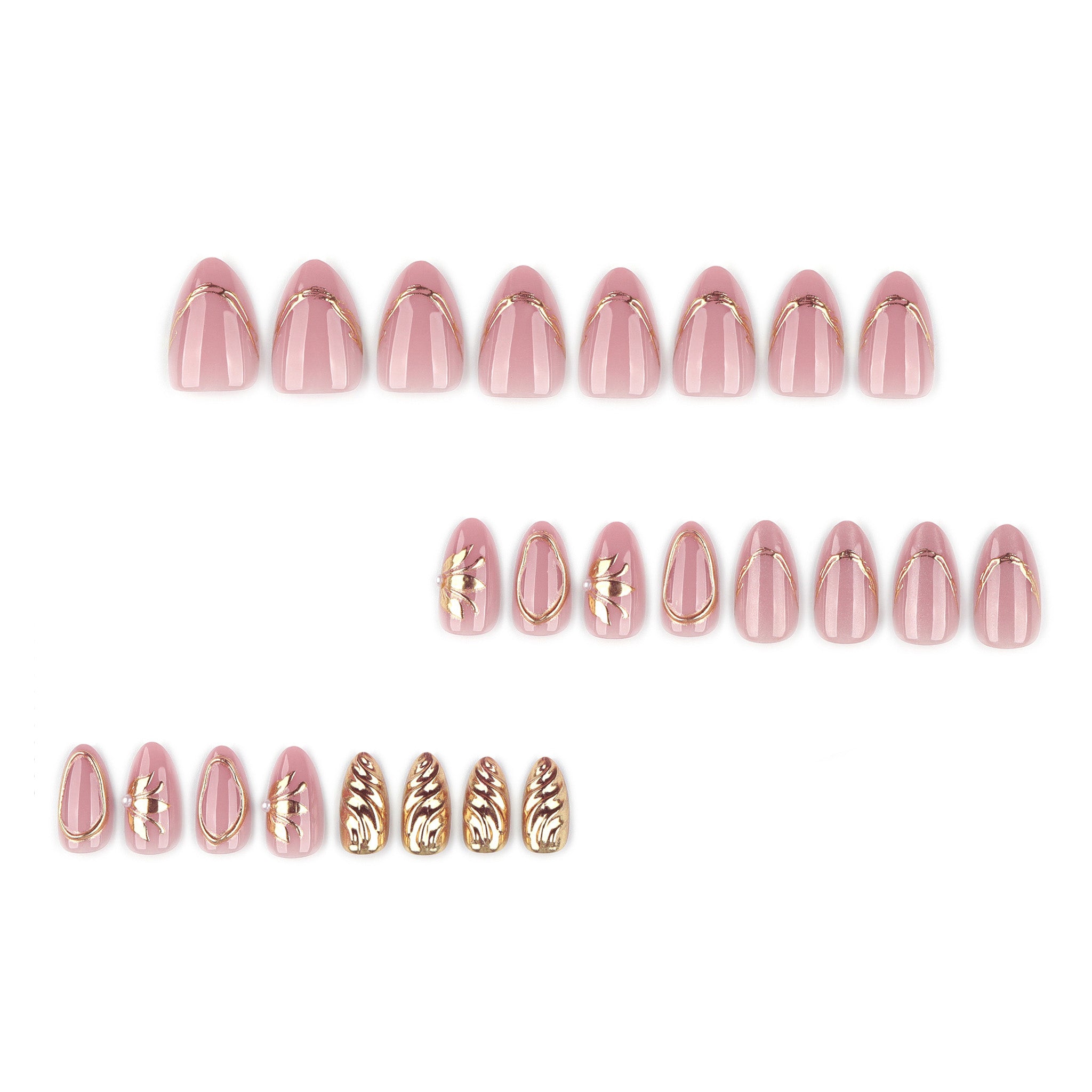 Chic Gold Chrome 3D Accent Short Almond Press On Nails 24PCS