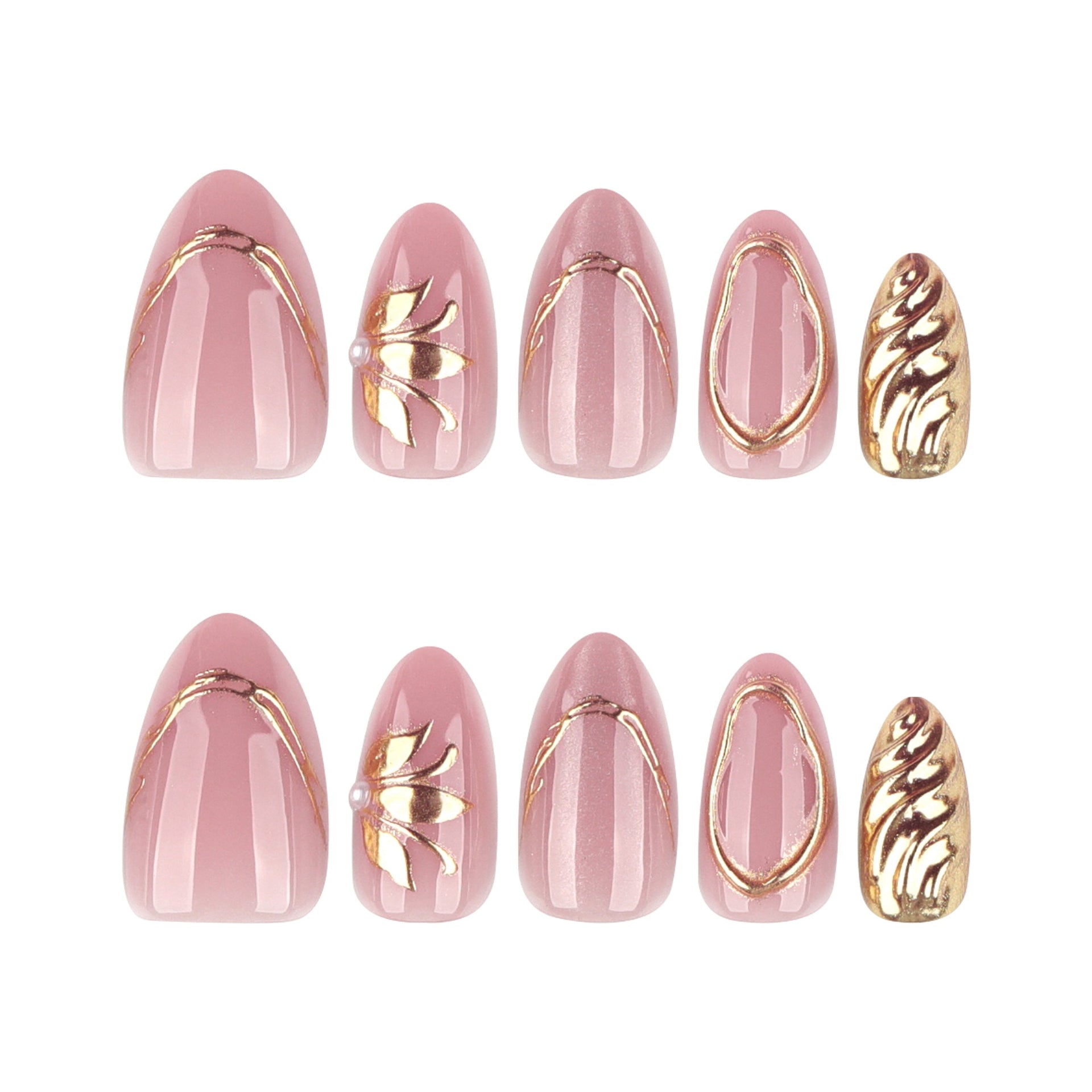 Chic Gold Chrome 3D Accent Short Almond Press On Nails 24PCS