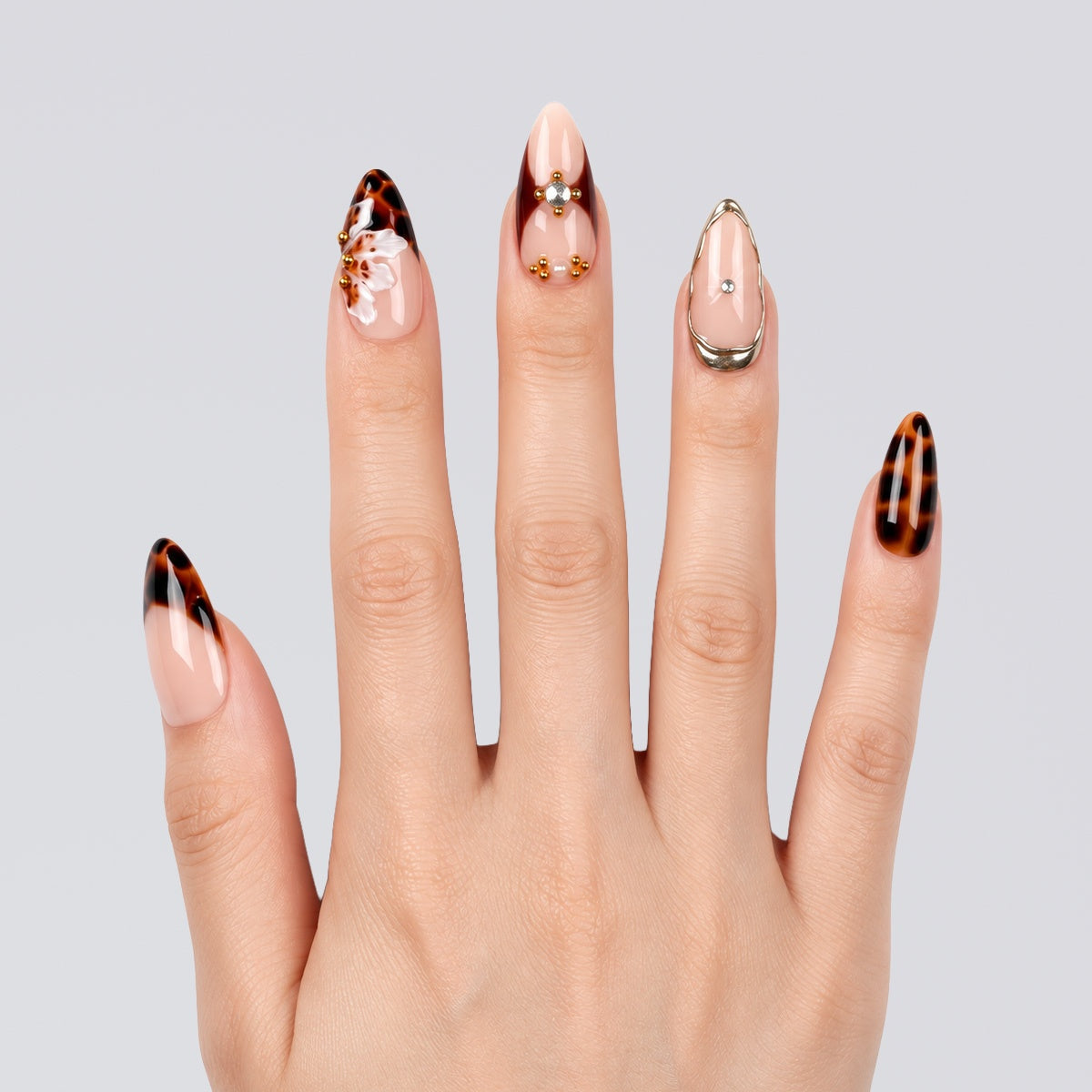 Amber Tortoise Jewel Bloom Almond Press On Nails | Salon-Pro 10PCS