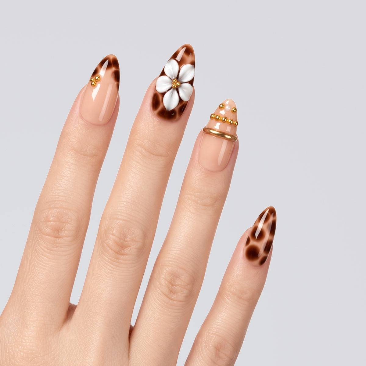 Caramel Daisy Tortoise Almond Press On Nails | Salon-Pro 10PCS
