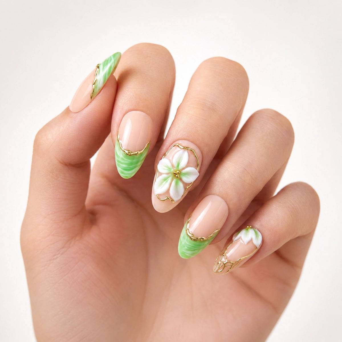 Elegant Jade Green Marble French Almond Press On Nails | 10PCS