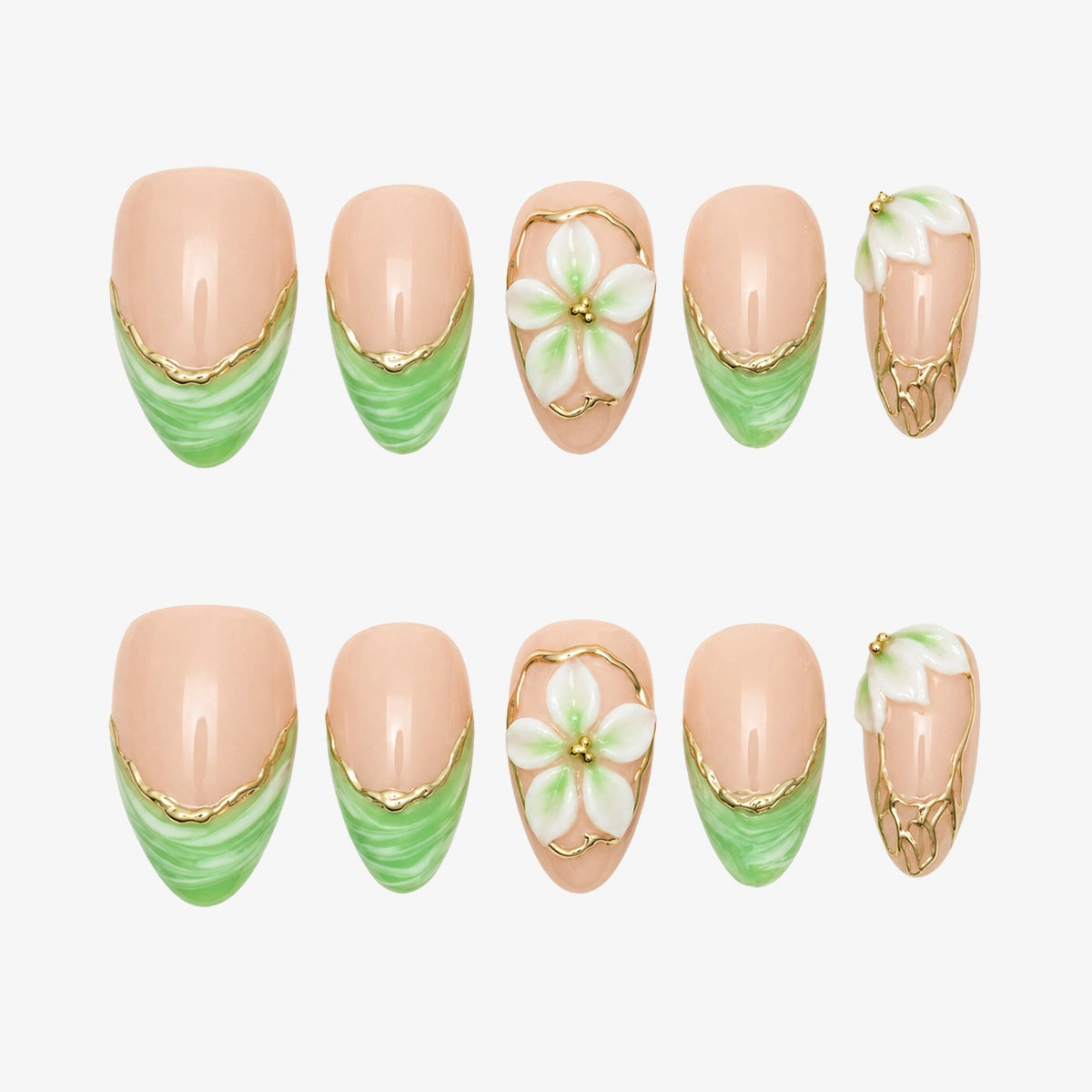 Elegant Jade Green Marble French Almond Press On Nails | 10PCS