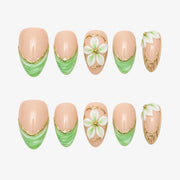 Elegant Jade Green Marble French Almond Press On Nails | 10PCS