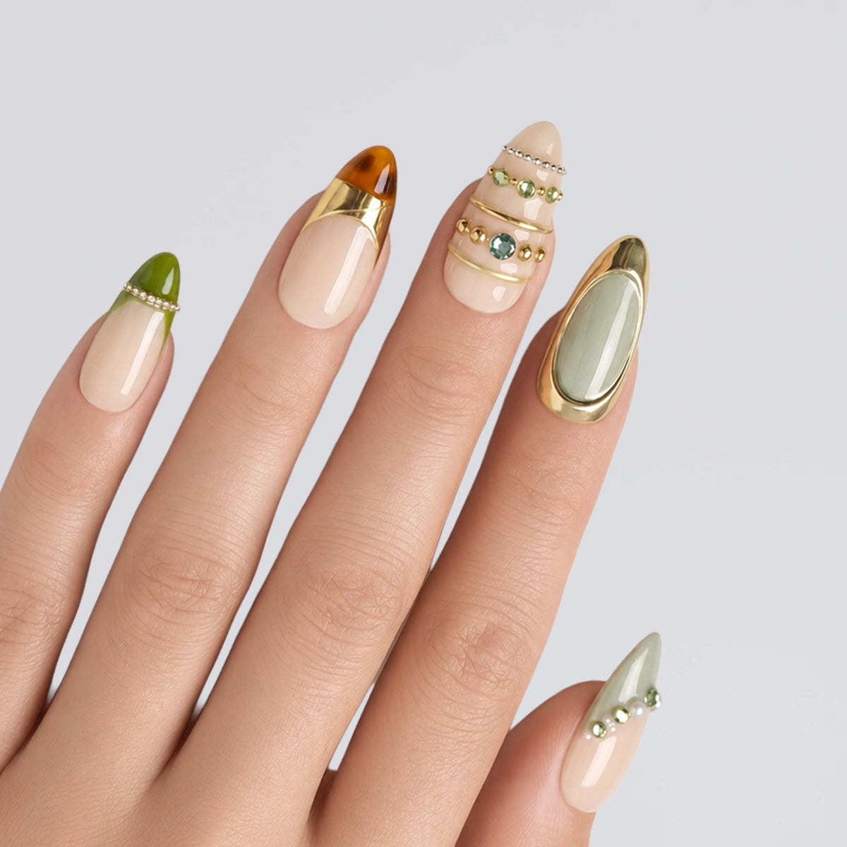 Vintage Gold Frame & Green Rhinestone Tortoise Press On Nails | 10PCS