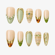 Vintage Gold Frame & Green Rhinestone Tortoise Press On Nails | 10PCS