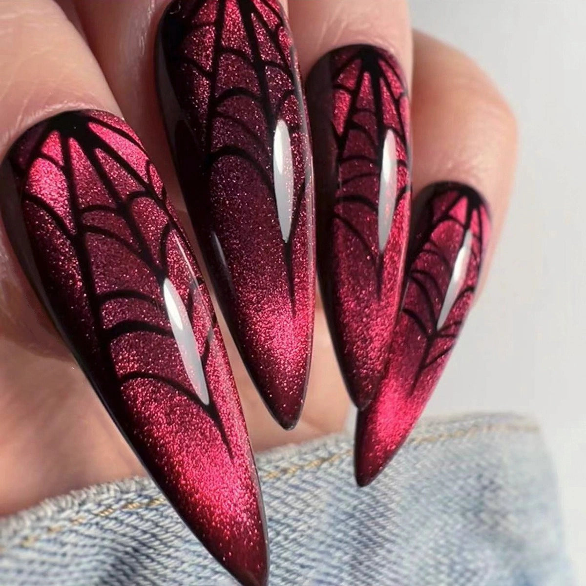 Crimson Web Glitter Stiletto Press On Nails 24PCS