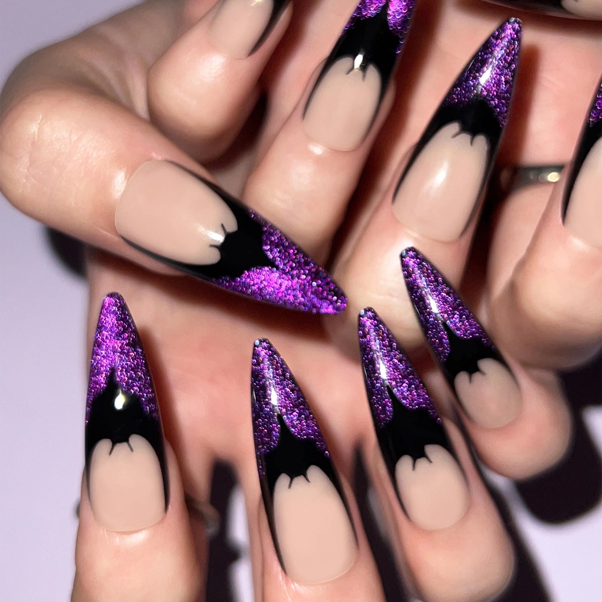 Violet Glitter Flame Almond Press On Nails 24PCS