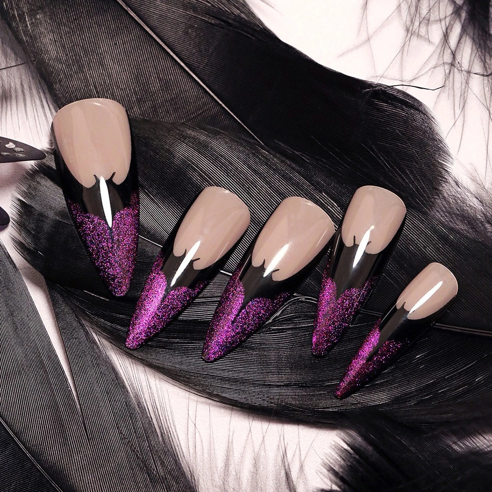 Violet Glitter Flame Almond Press On Nails 24PCS