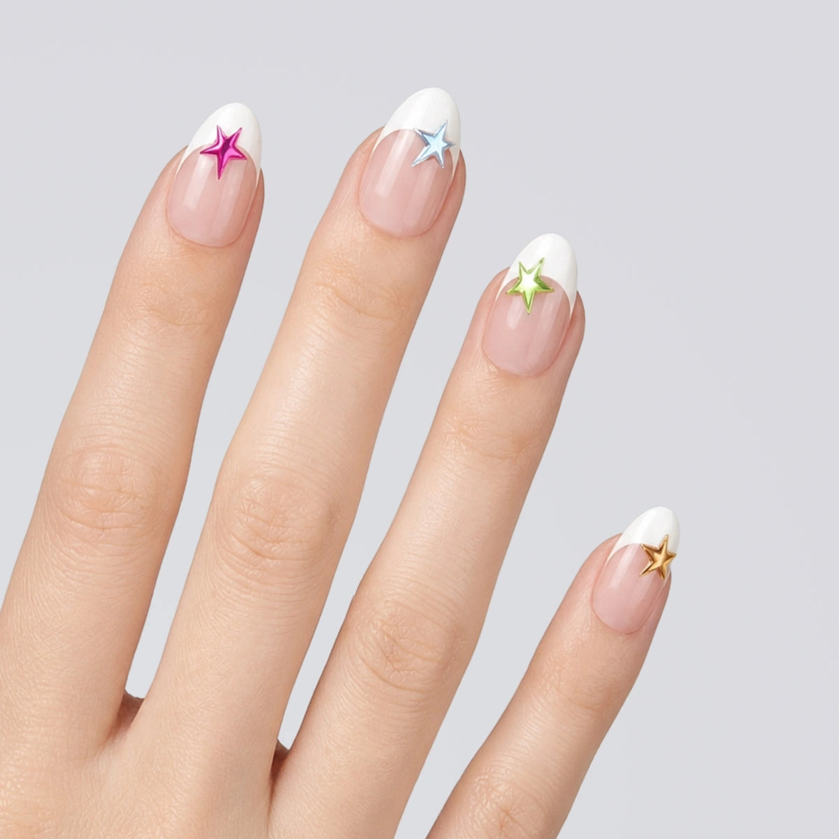 Holographic Star & White French Tip Press On Nails | 10PCS
