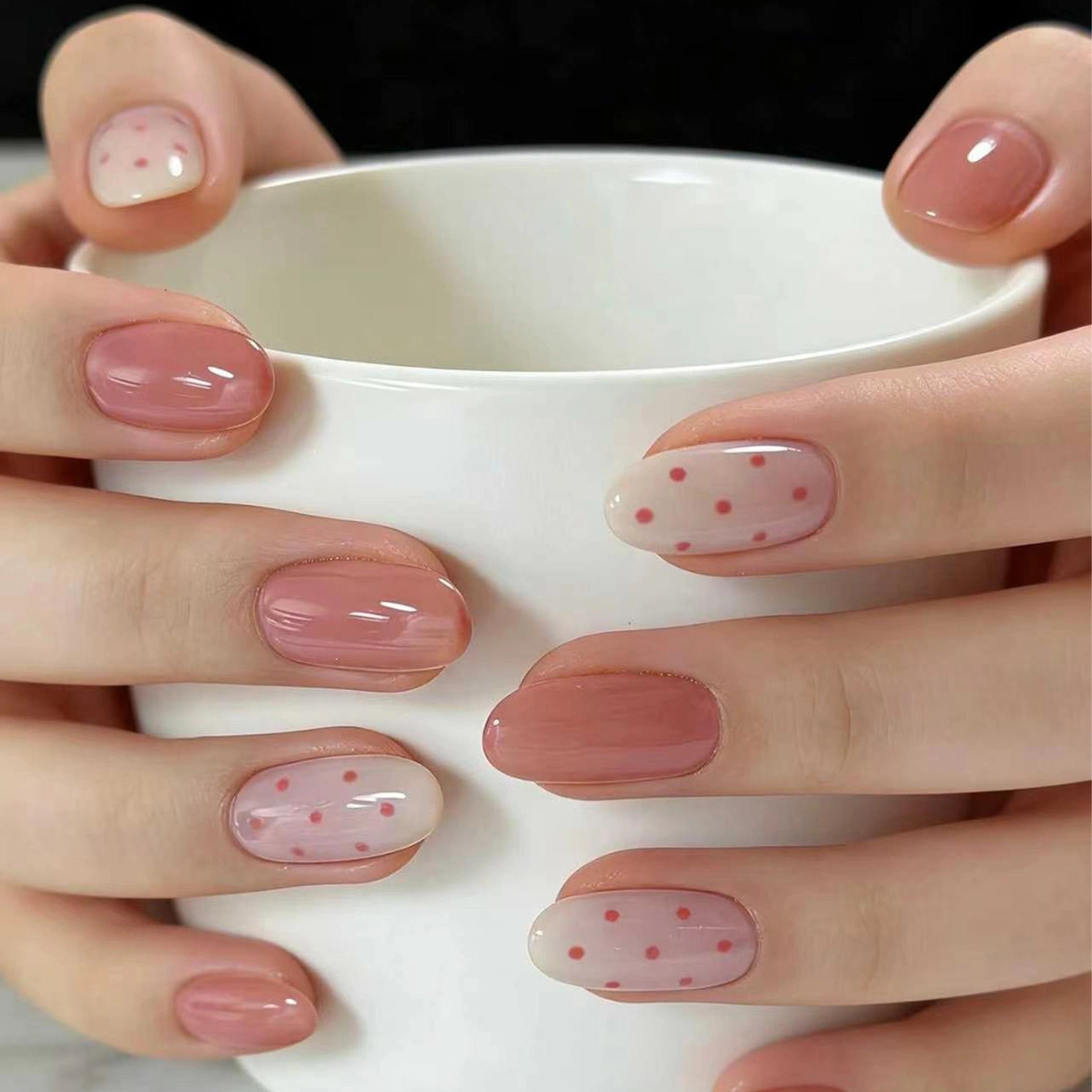 Blush Glass Dot Round Press On Nails 24PCS