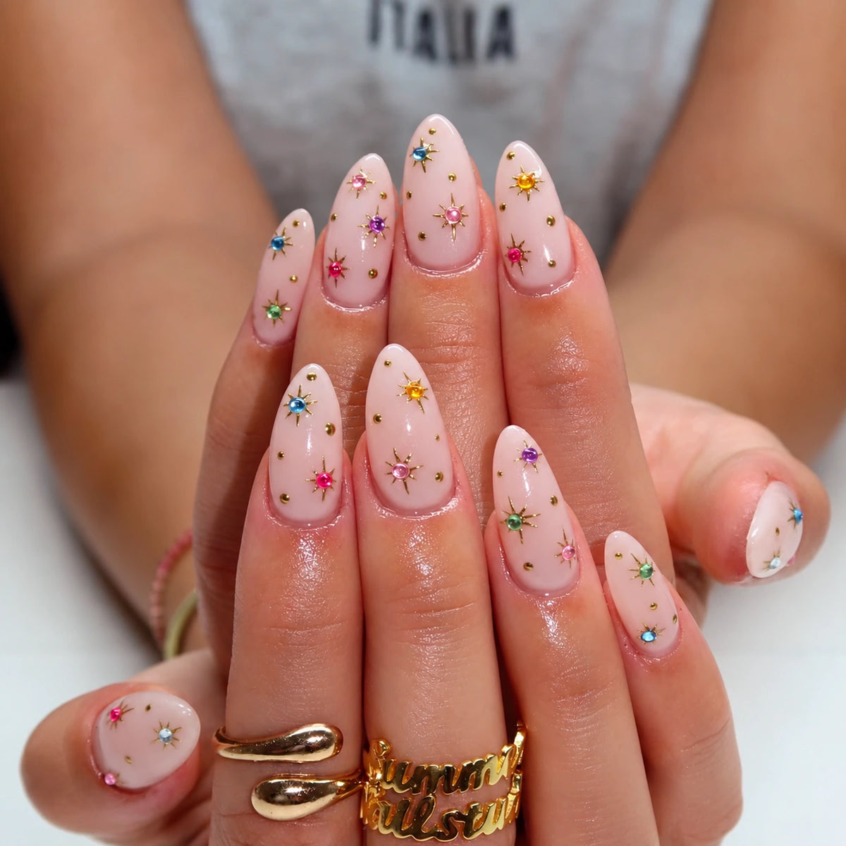 Blush Jewel Confetti Almond Press On Nails 24PCS