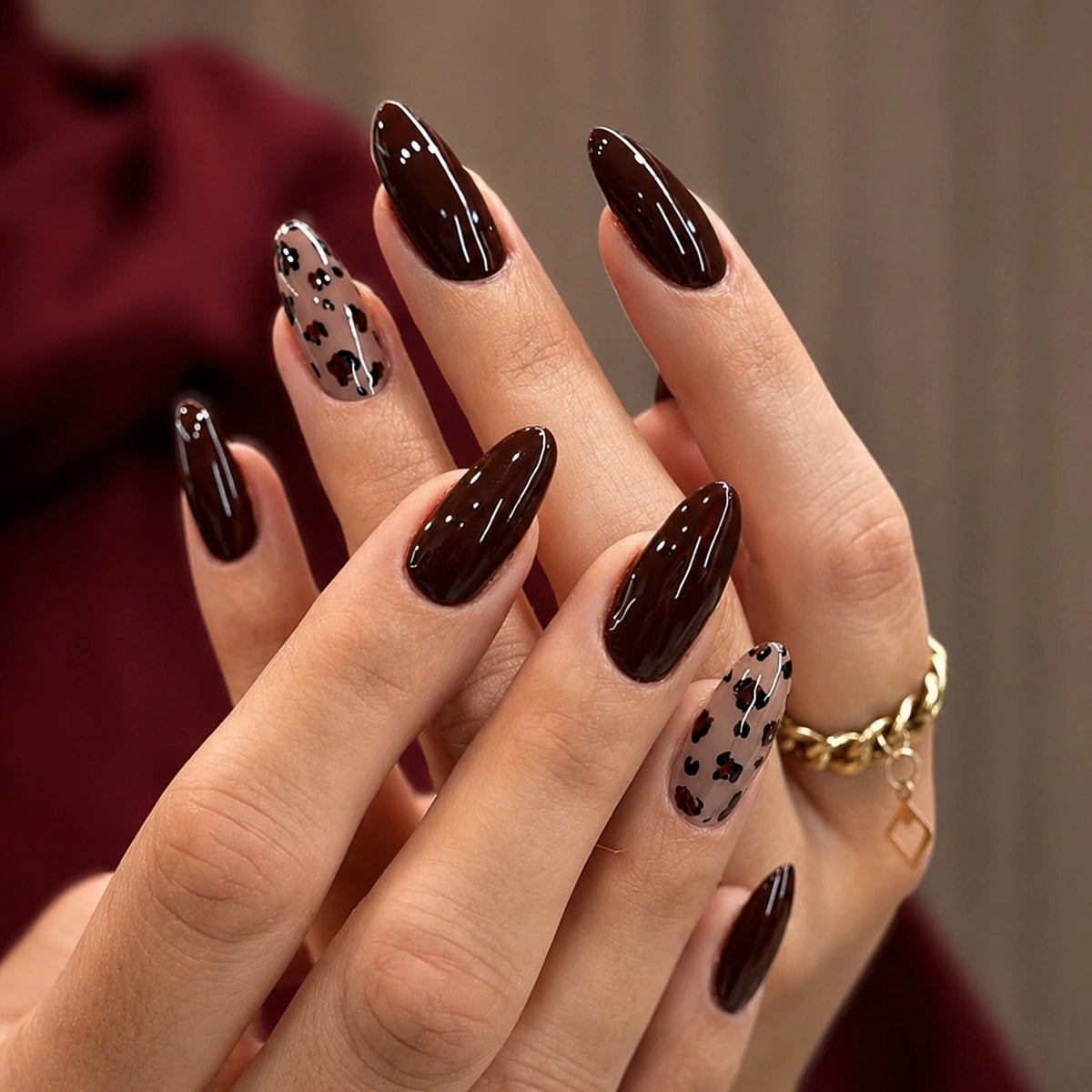 Espresso Leopard Gloss Almond Press On Nails 24PCS