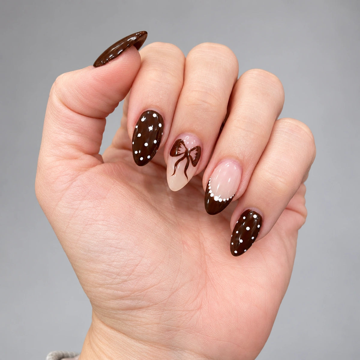Espresso Polka Bow Almond Press On Nails 24PCS
