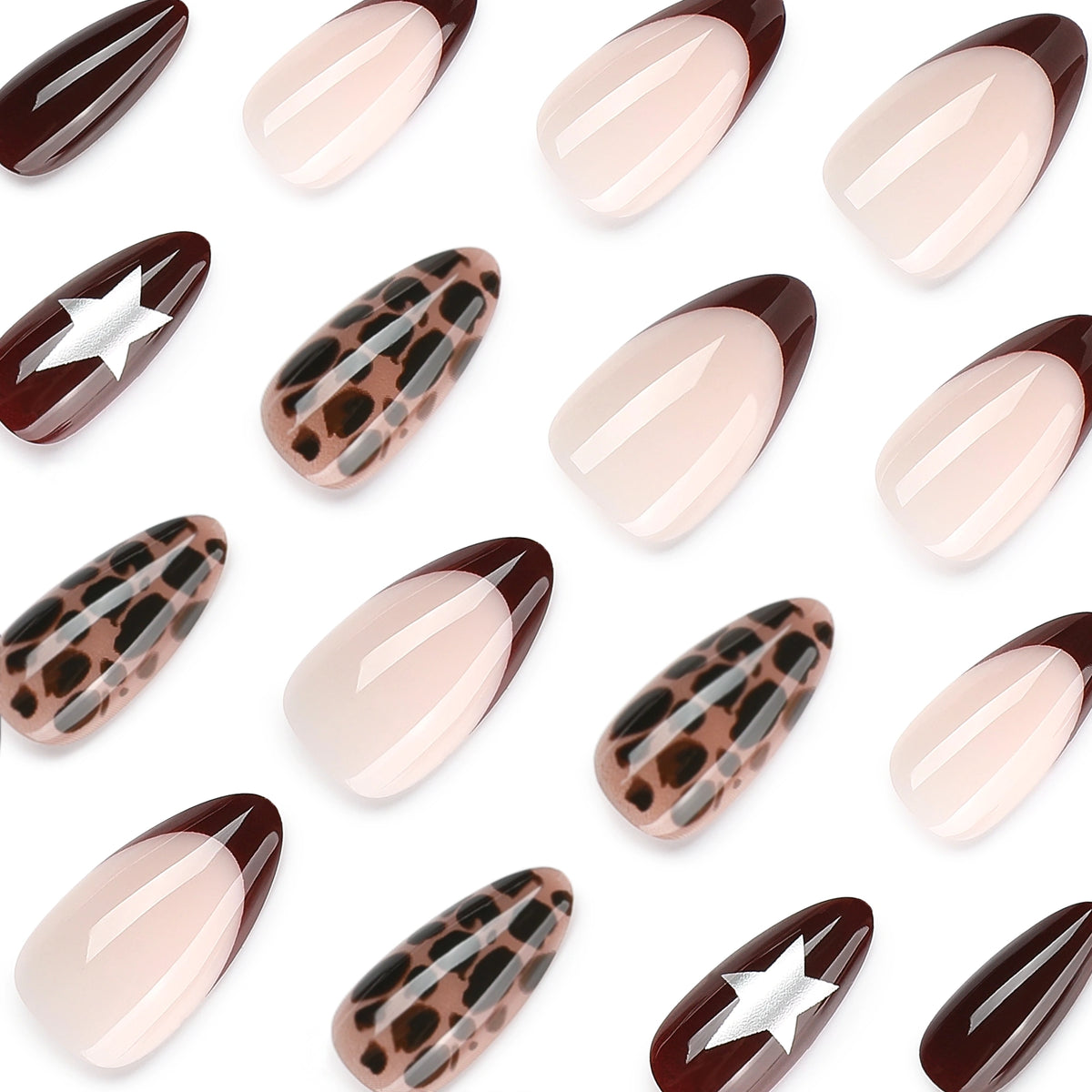 Merlot Star Leopard Almond Press On Nails 24PCS