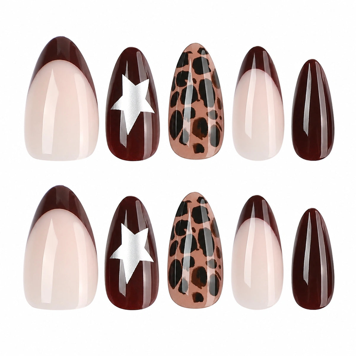 Merlot Star Leopard Almond Press On Nails 24PCS