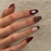 Merlot Star Leopard Almond Press On Nails 24PCS
