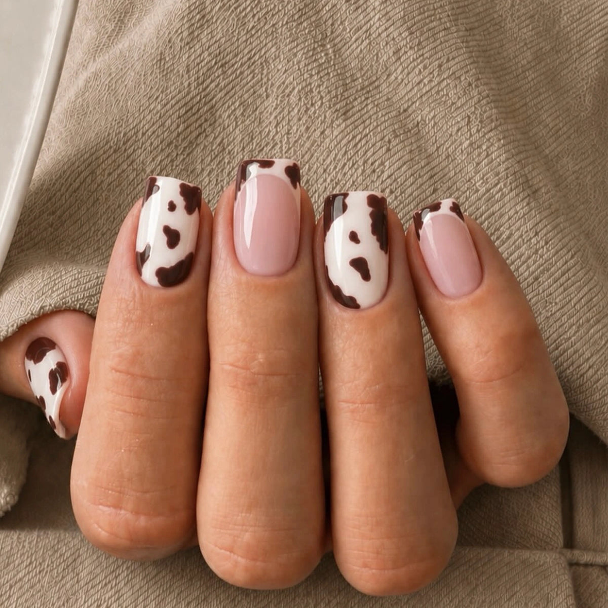 Mocha Cow Print Squoval Press On Nails 24PCS