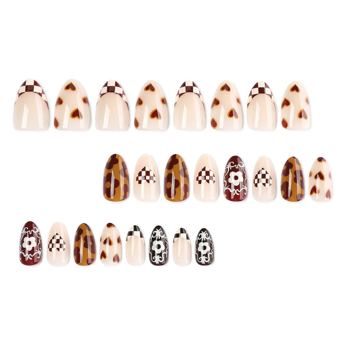 Mocha Retro Patchwork Almond Press On Nails 24PCS