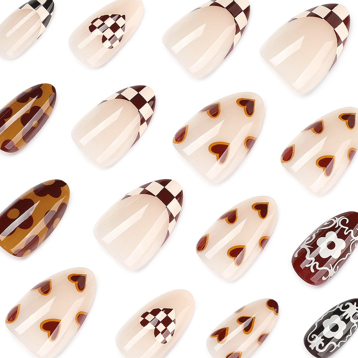 Mocha Retro Patchwork Almond Press On Nails 24PCS