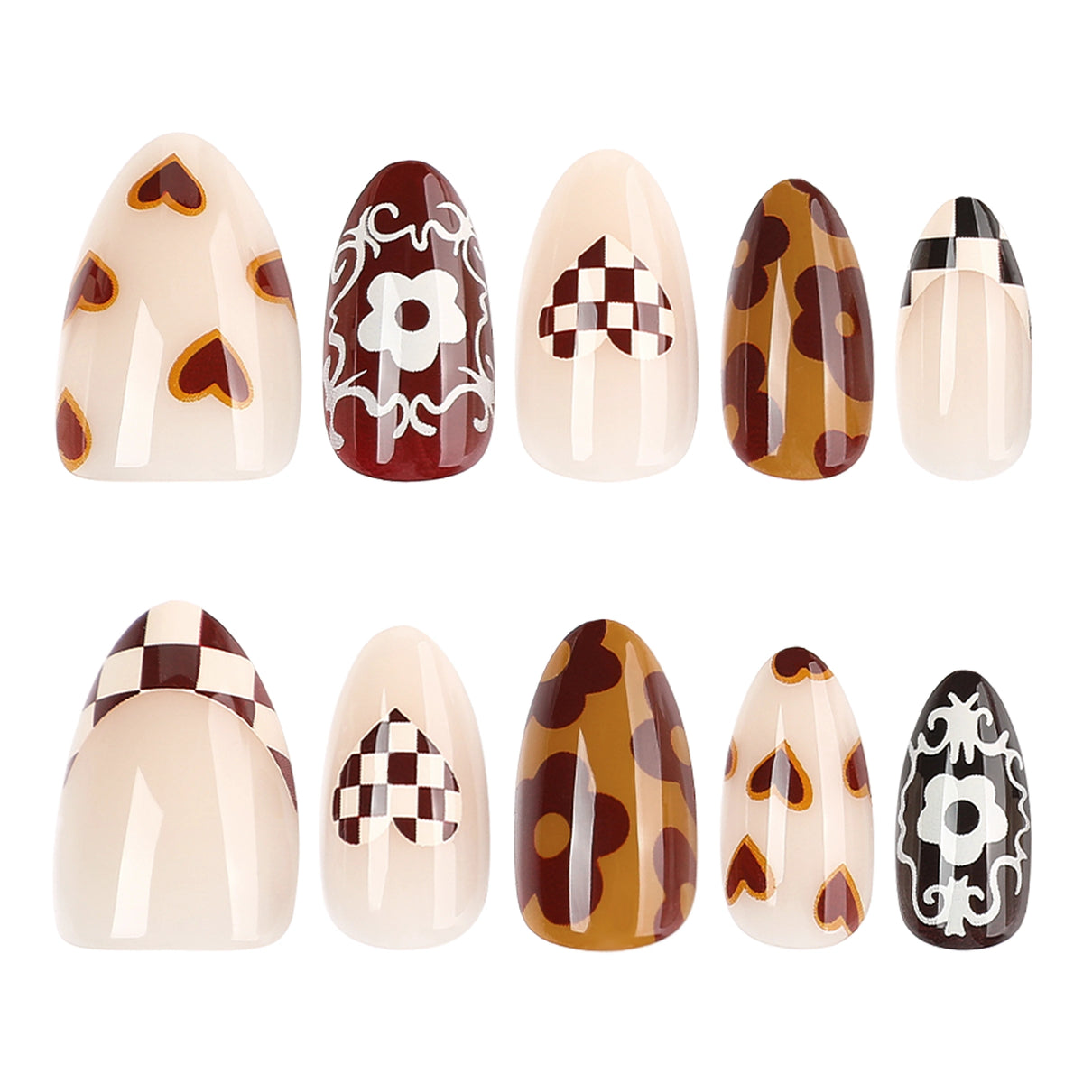 Mocha Retro Patchwork Almond Press On Nails 24PCS