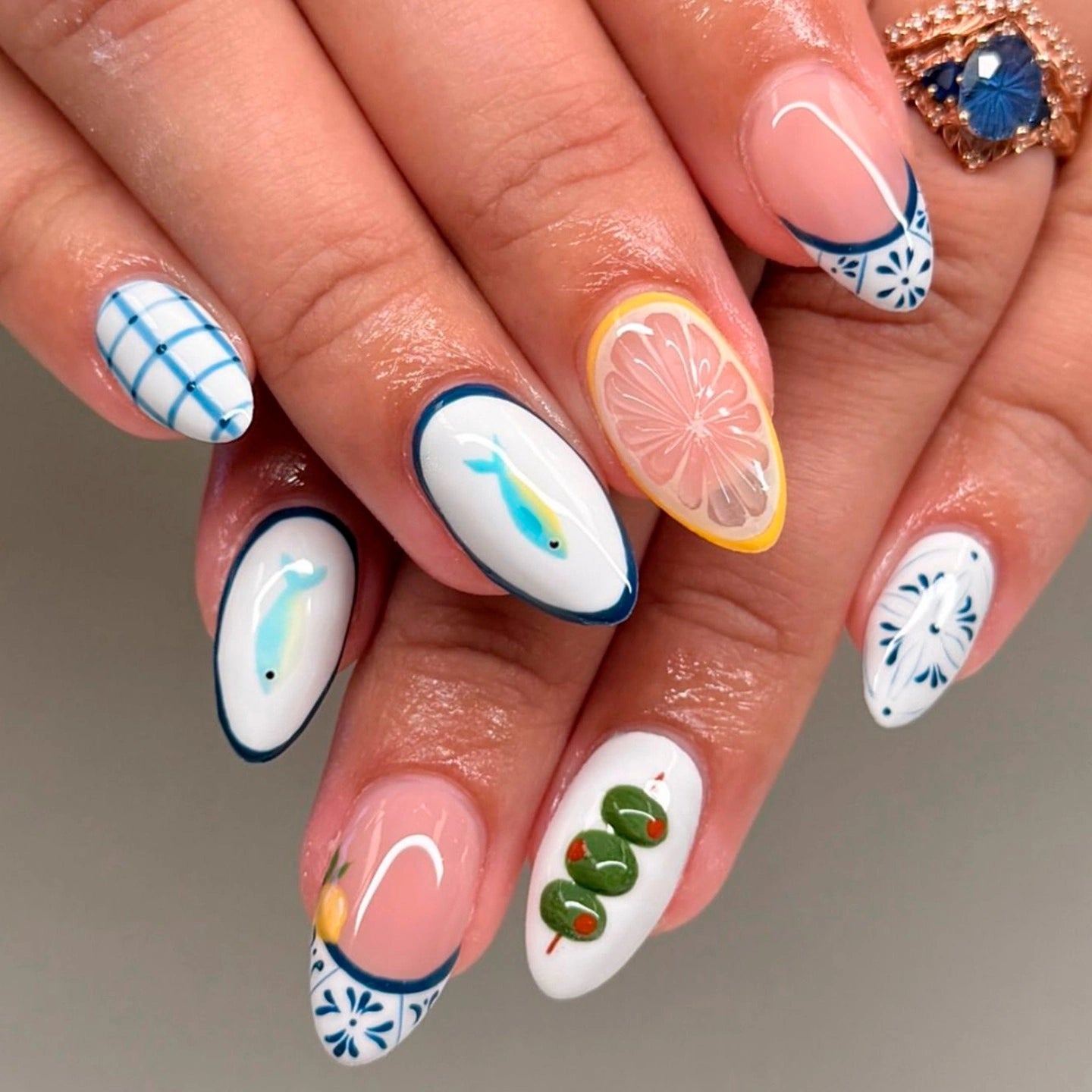Navy Citrus Picnic Almond Press On Nails 24PCS