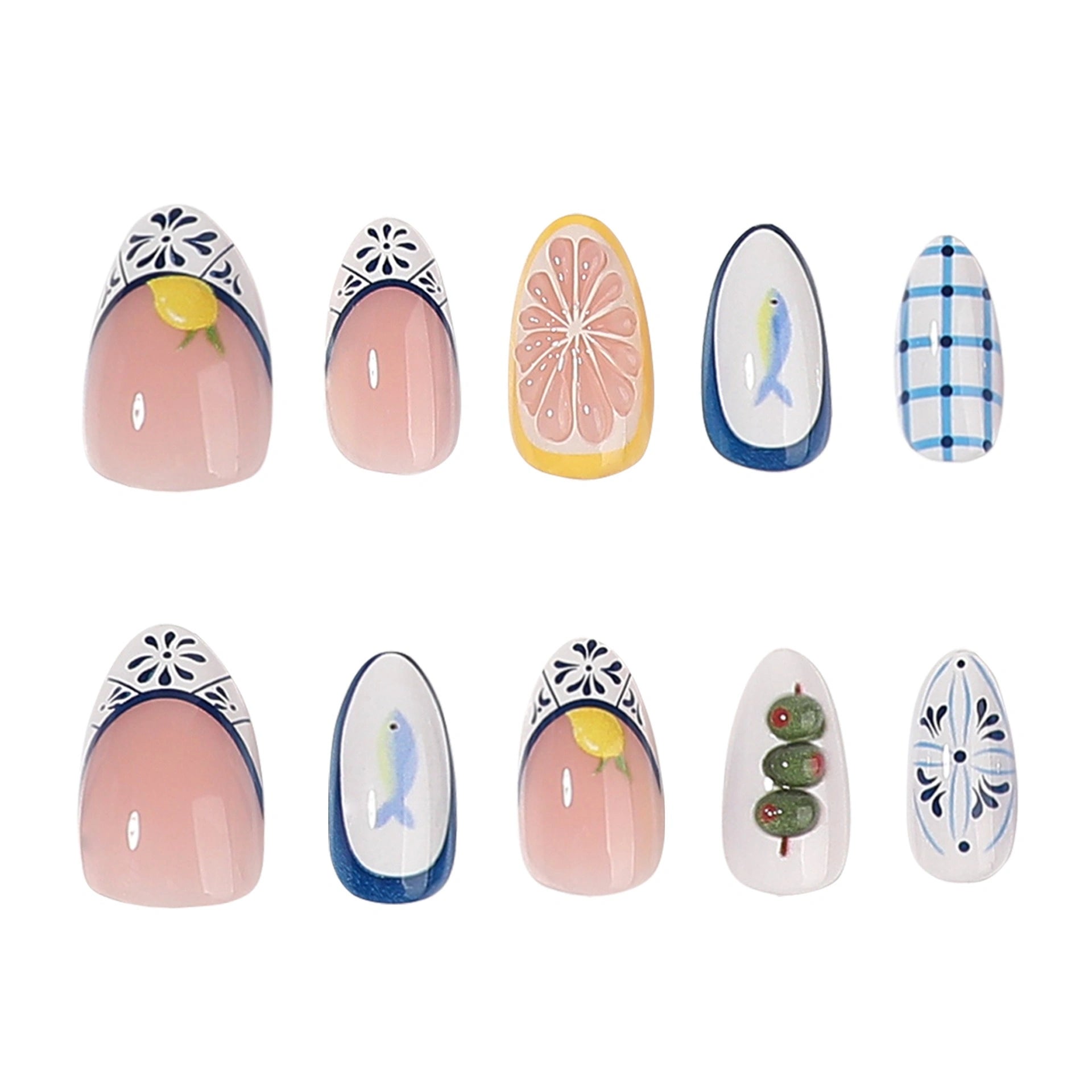 Navy Citrus Picnic Almond Press On Nails 24PCS