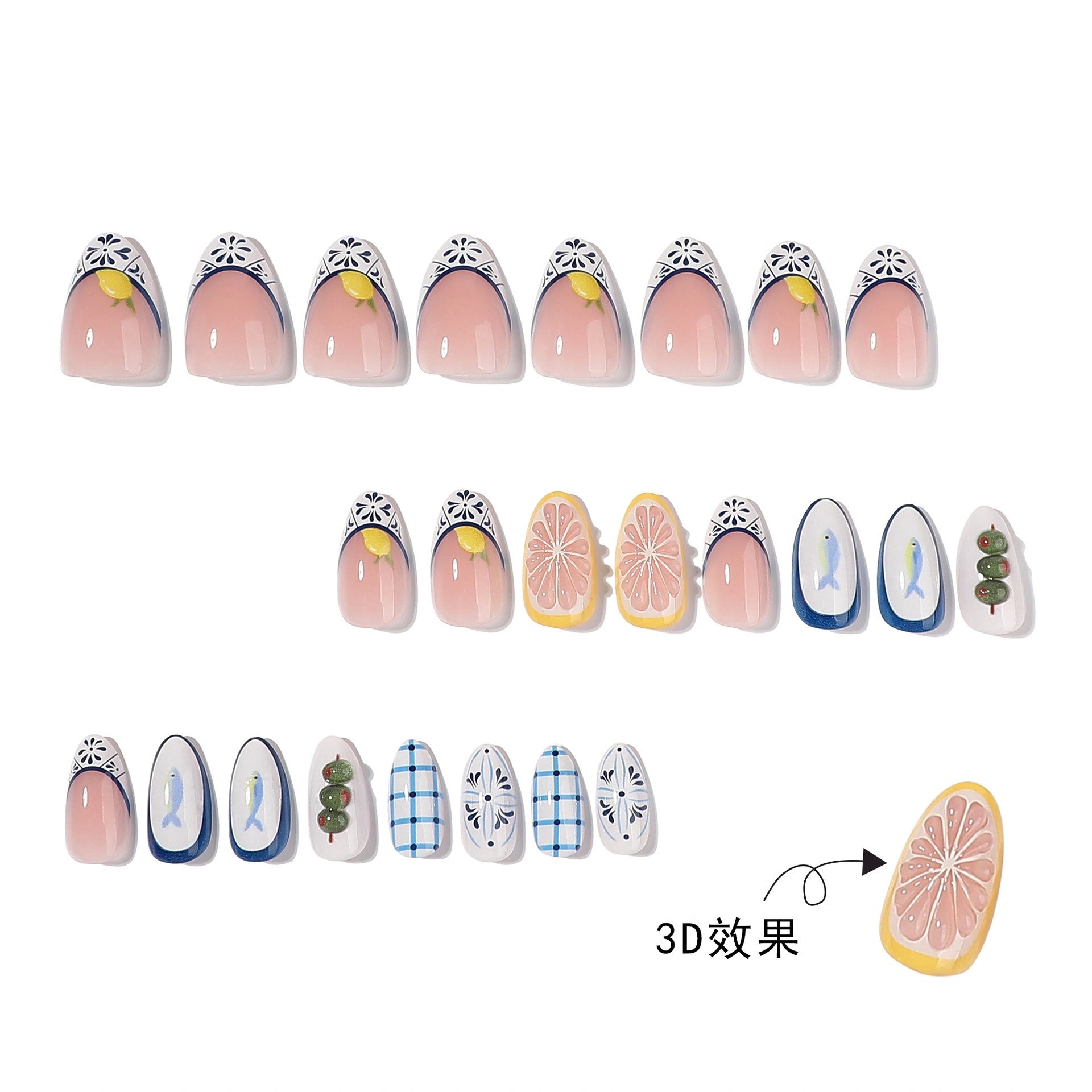 Navy Citrus Picnic Almond Press On Nails 24PCS