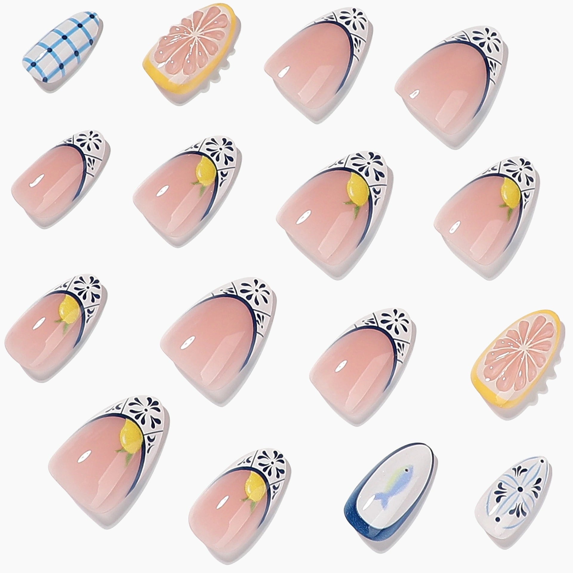 Navy Citrus Picnic Almond Press On Nails 24PCS