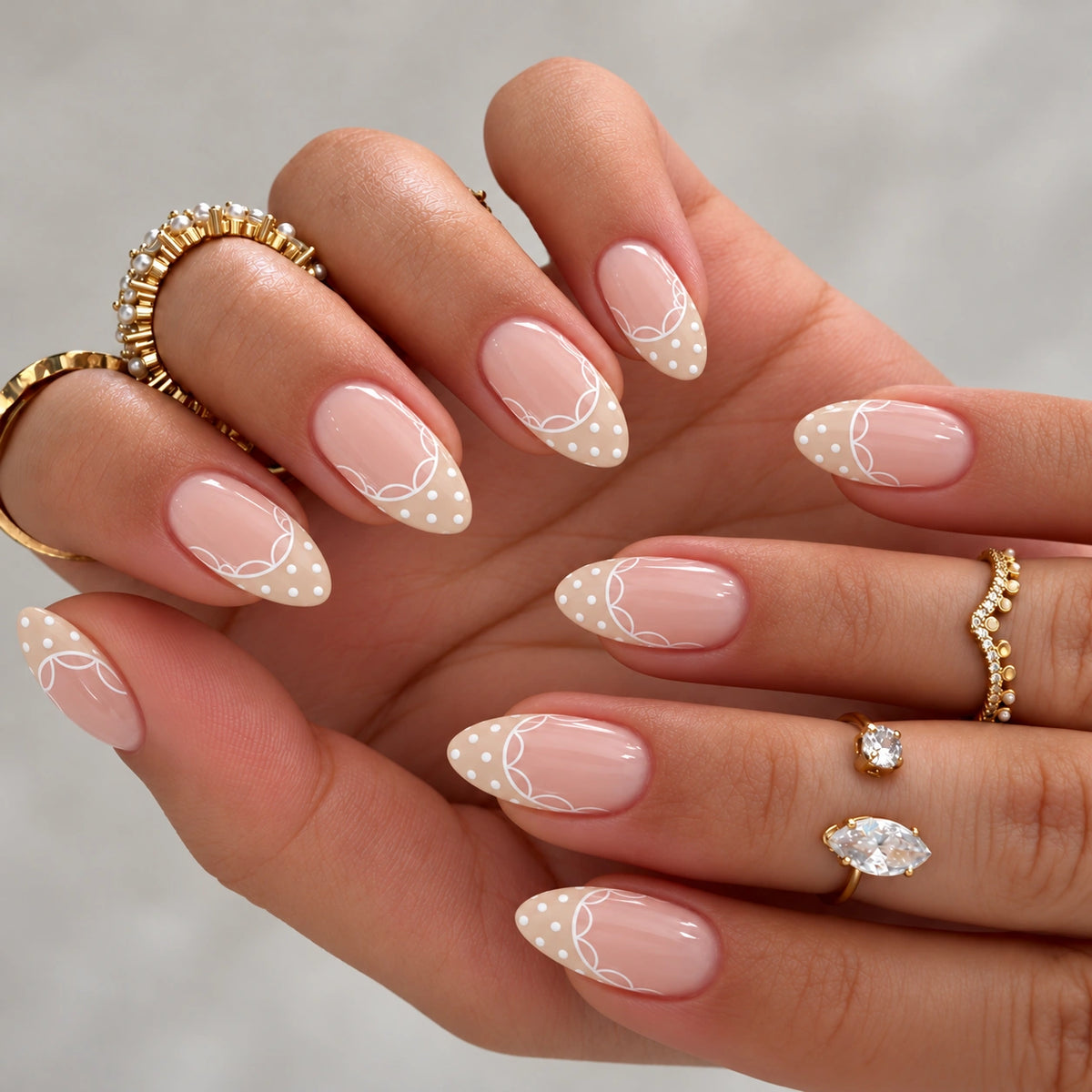 Nude Lace French Almond Press On Nails 24PCS