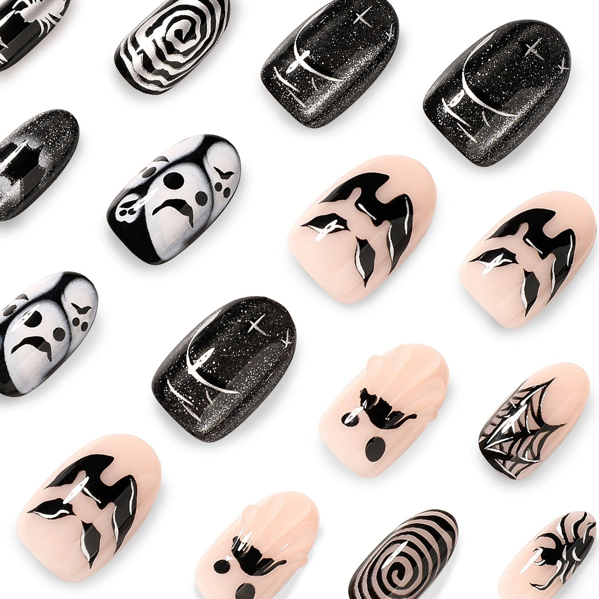 Onyx Ghost Swirl Almond Press On Nails 24PCS