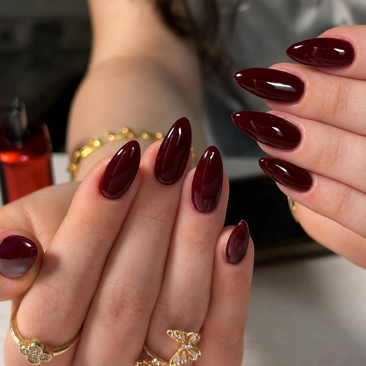 Oxblood Jelly Almond Press On Nails 24PCS