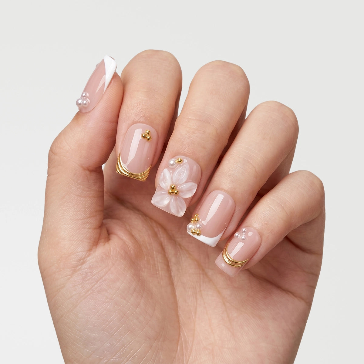 Nude Blush Gold Swirl & Blossom Press On Nails | 10PCS