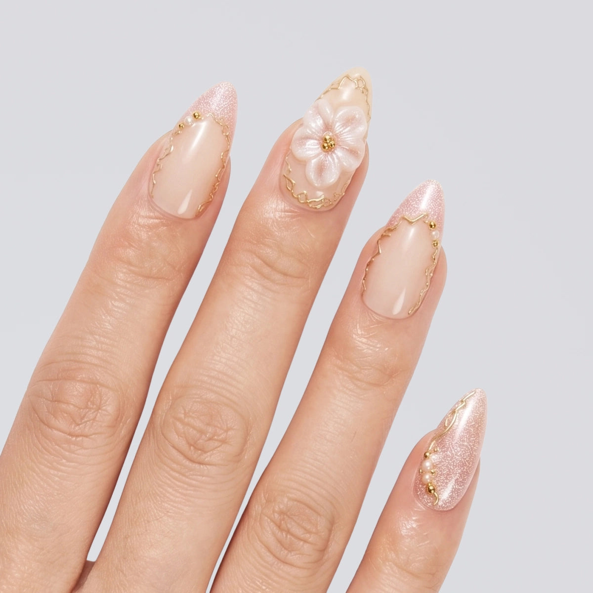 Fairycore Pink Sparkle & Gold Outline Blossom Press On Nails | 10PCS