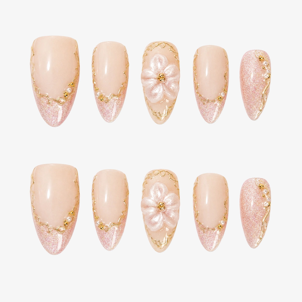 Fairycore Pink Sparkle & Gold Outline Blossom Press On Nails | 10PCS
