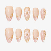 Fairycore Pink Sparkle & Gold Outline Blossom Press On Nails | 10PCS