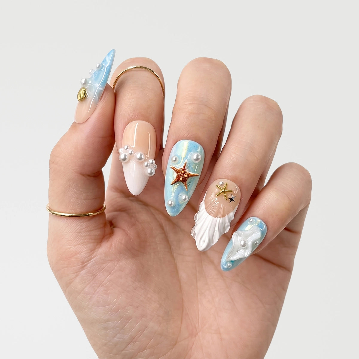 Tropical Ocean Starfish & Pearl Almond Press On Nails | 10PCS