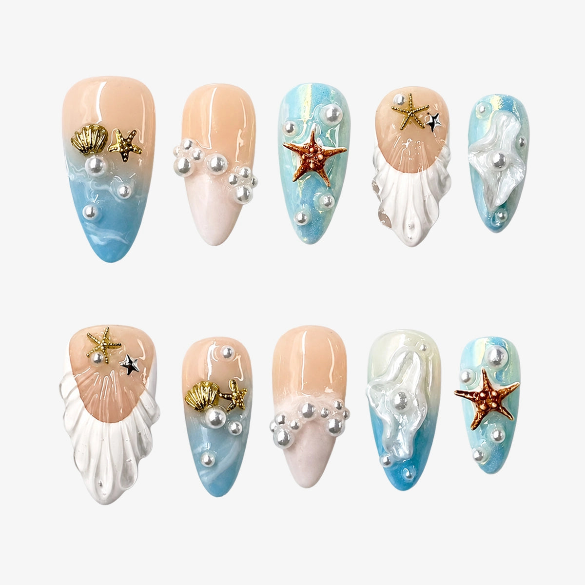 Tropical Ocean Starfish & Pearl Almond Press On Nails | 10PCS